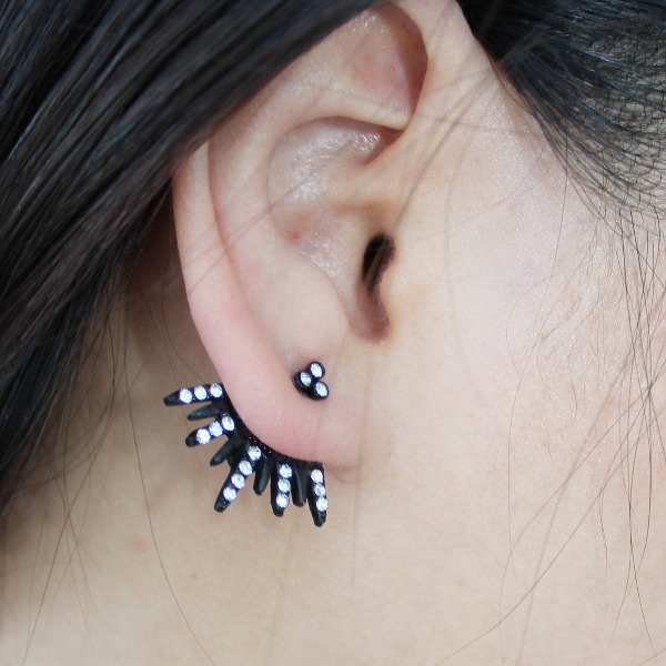 Black Star Crystal Encrusted Spike Floating Earrings Ear Jackets